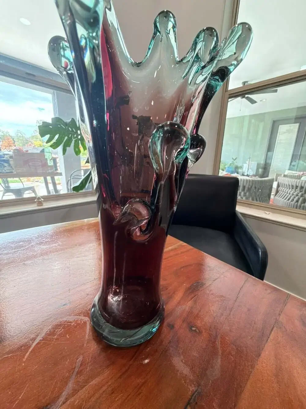 Vintage Murano Art Glass Swung Vase in Turquoise and Amethyst